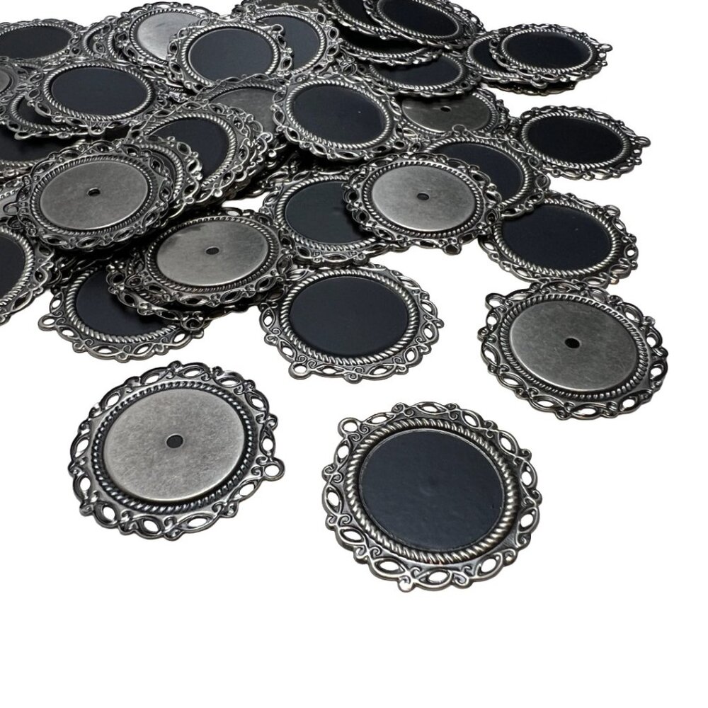100 Filigree Pendants Tags Cabochon Trays Antique Silver Tone Craft Supplies